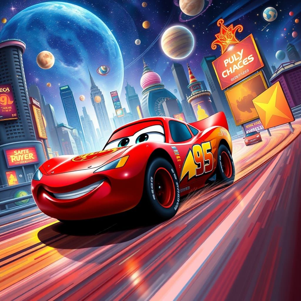 Sleek Cherry-Red Race Car Zooms Through Vibrant Cartoony Cit...