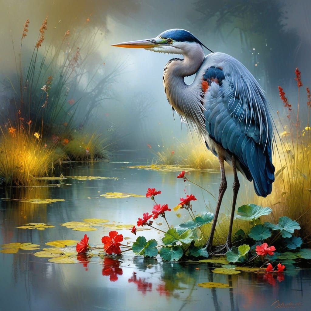 Majestic Heron in Vibrant Autumn Wetlands