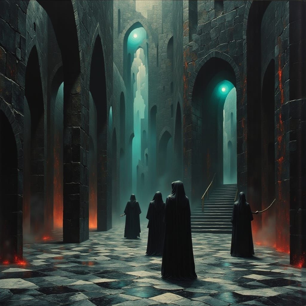 Gothic Cathedral Interior with Figure, in Dark Surreal Style