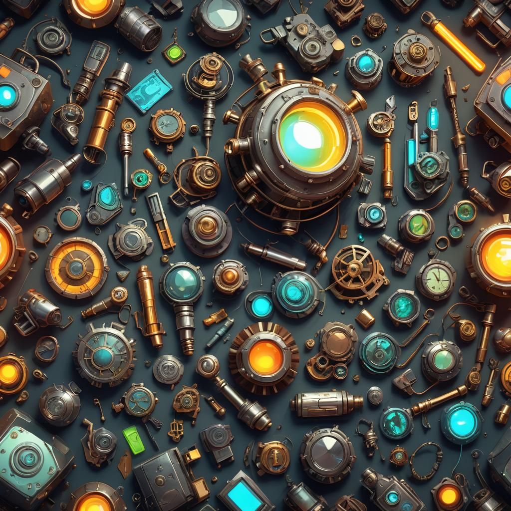 Futuristic Steampunk Artifacts in Low-Poly 3D Render
