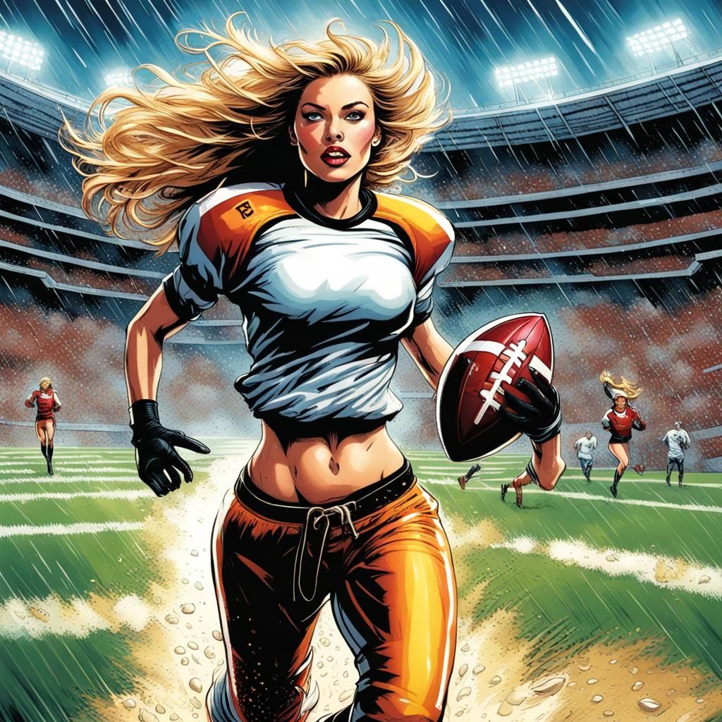 Comic Book Model in Football Gear