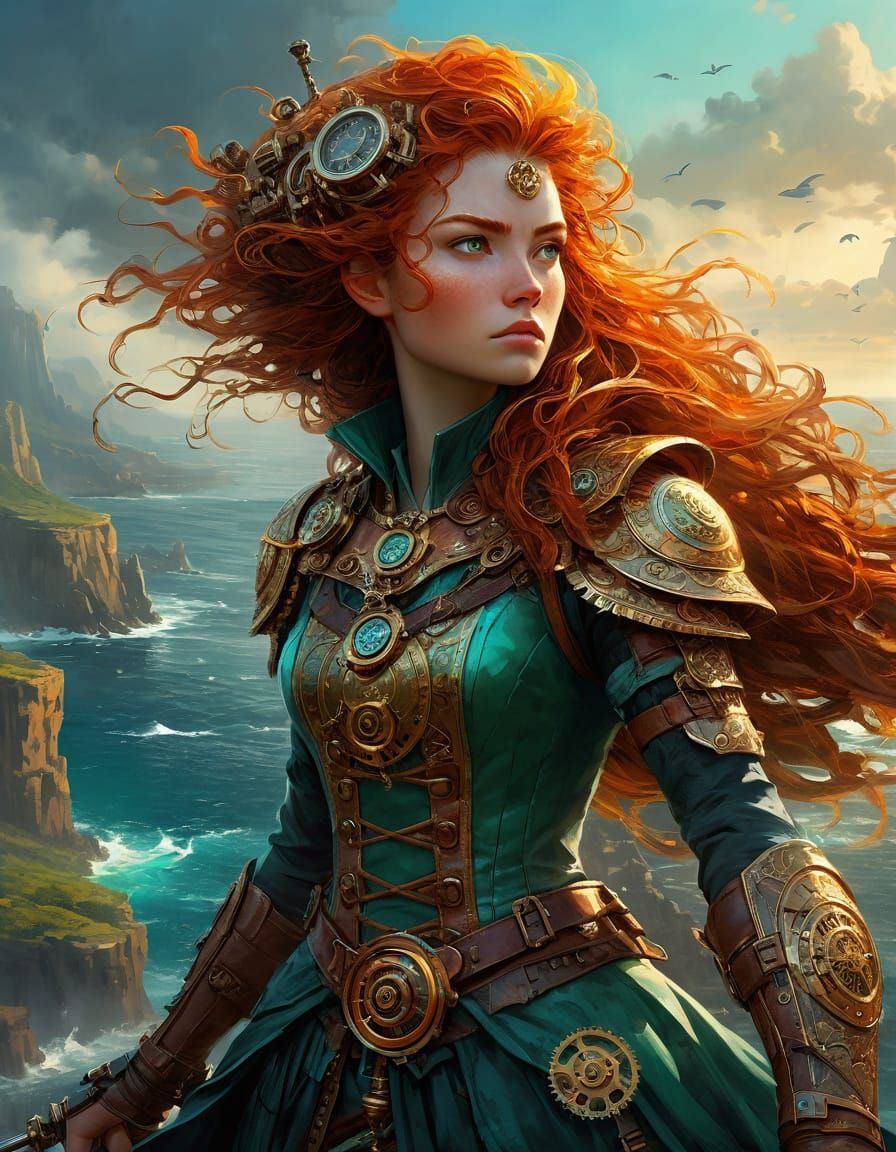 Steampunk Warrior Princess Overlooking Ocean