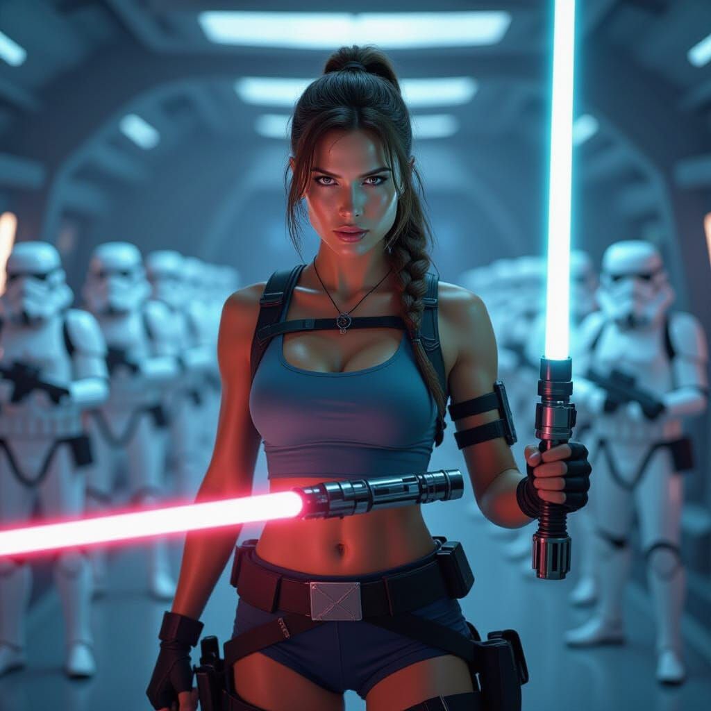 Lara Croft with Lightsaber on Jedi Ship