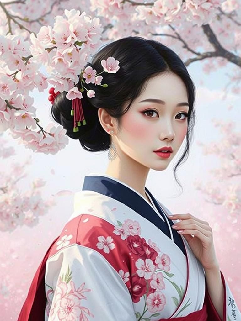 Geisha Under Cherry Tree in Art Nouveau Style