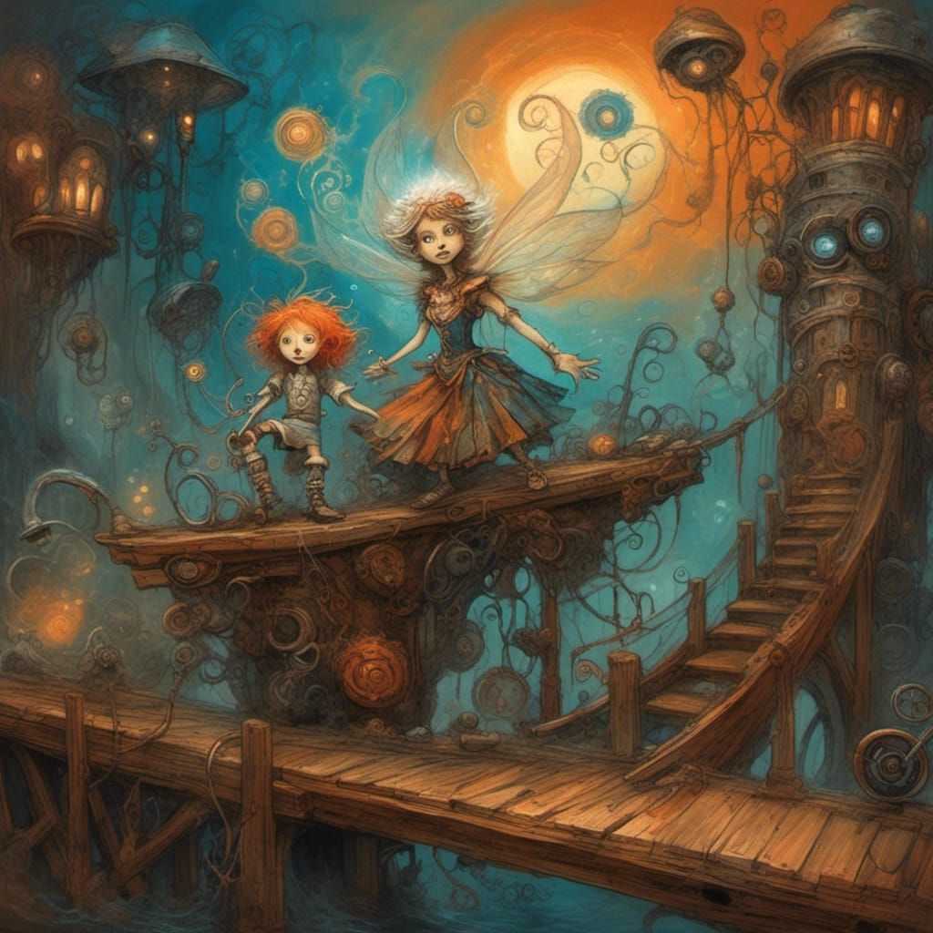 <lora:Steamdreams 2:1.0> An intensely emotive anthropomorphic screaming steampunk  fairy godmother in tube  top  wearing...