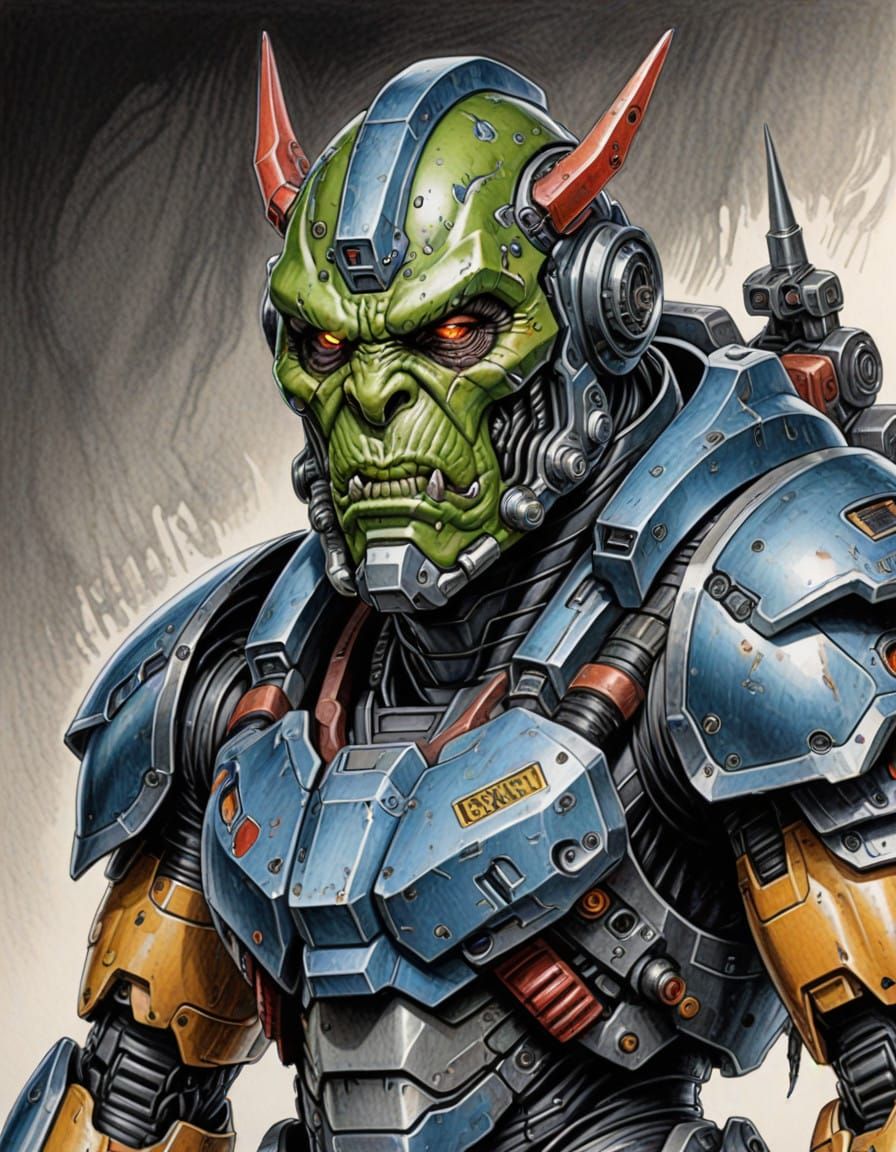 Cybernetic Orc Warrior in Precision Drawing Style
