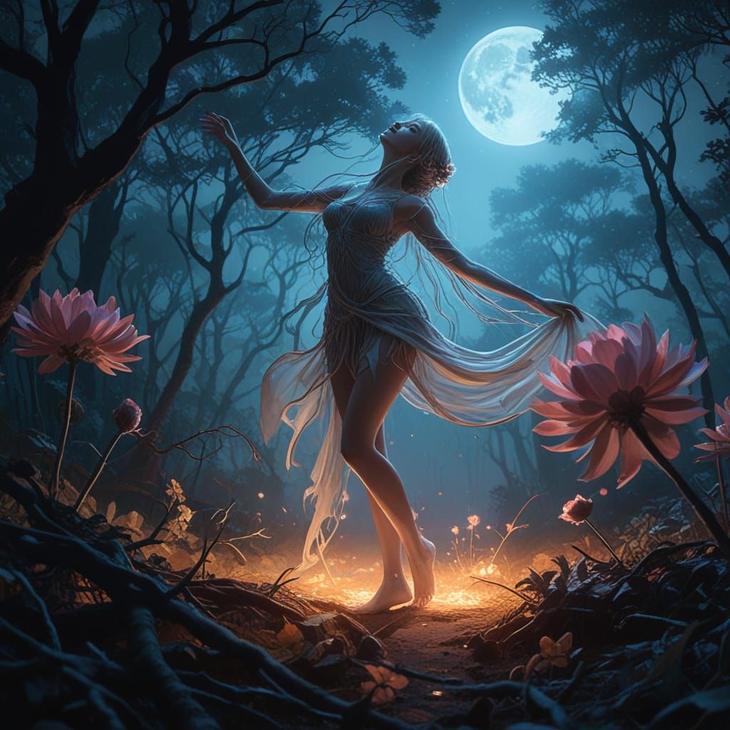 Mystical Forest Elemental Dances in Moonlit Nightmare