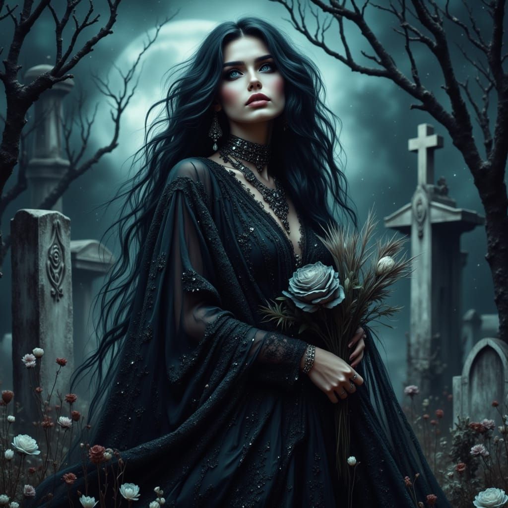 Gothic Woman in Moonlit Graveyard, Surreal Biomechanical Art