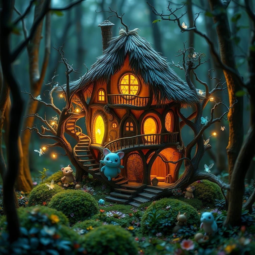 Enchanted Fairy House in Bioluminescent Forest