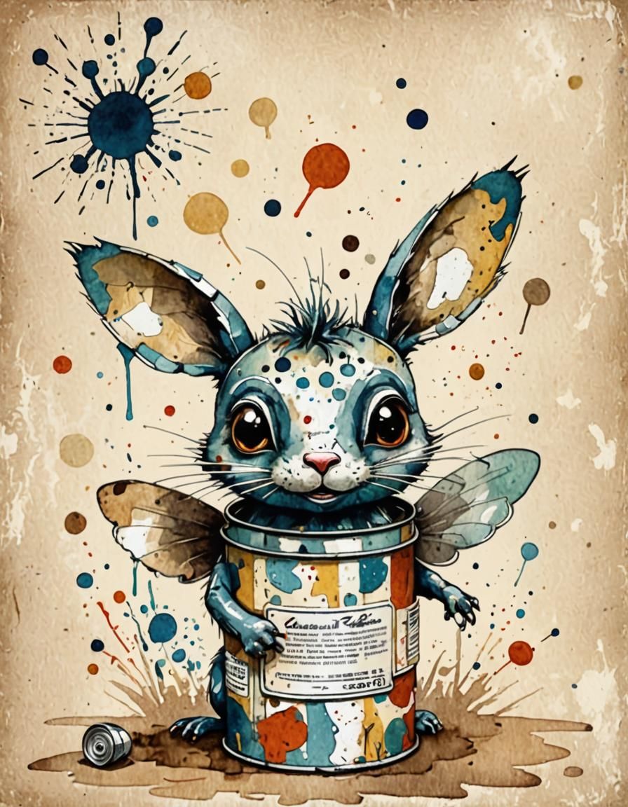 Whimsical Tin Can Creature in Watercolor Folk Art