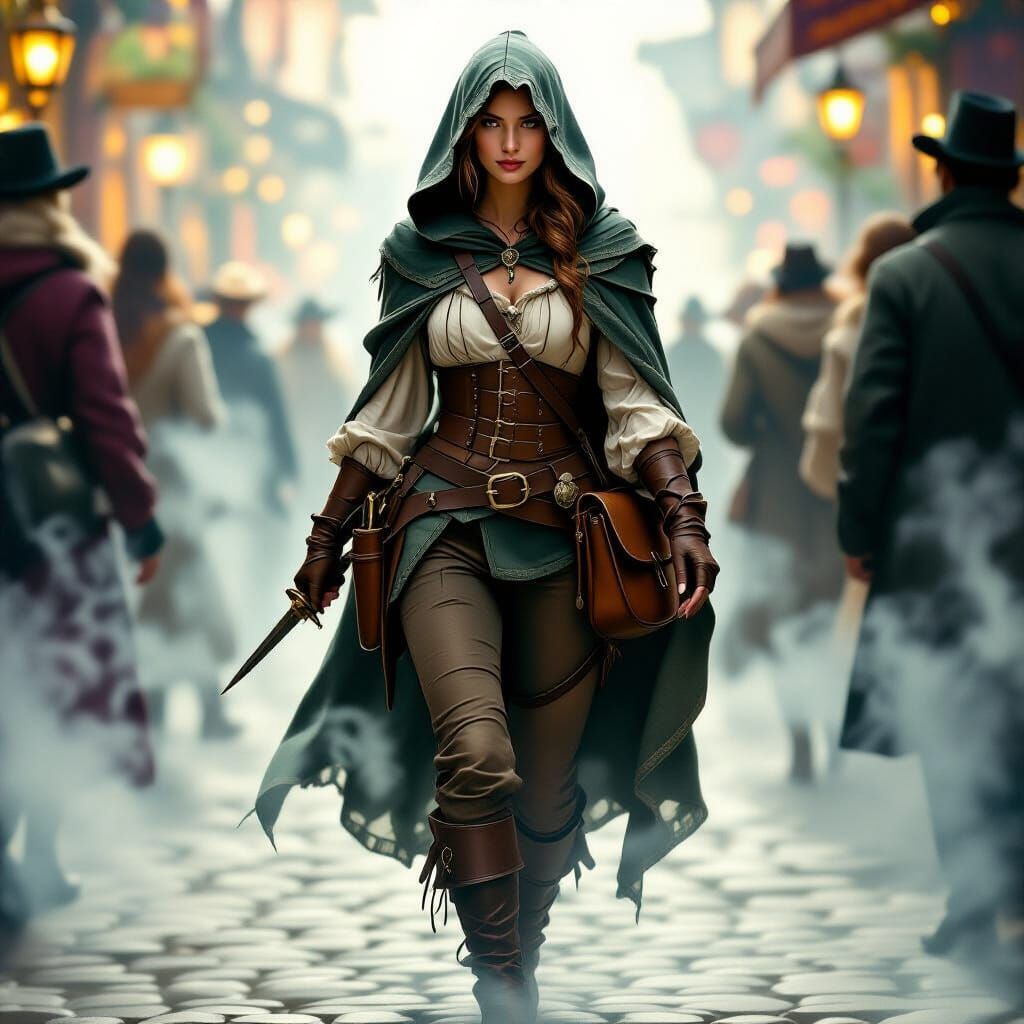 Elegant Lady Thief in Crowd, Kinkade-Inspired Art