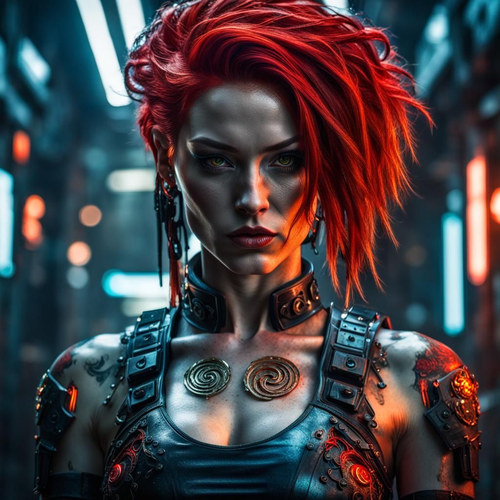 Beautiful Cyberpunk Girl with Flaming Red Hair