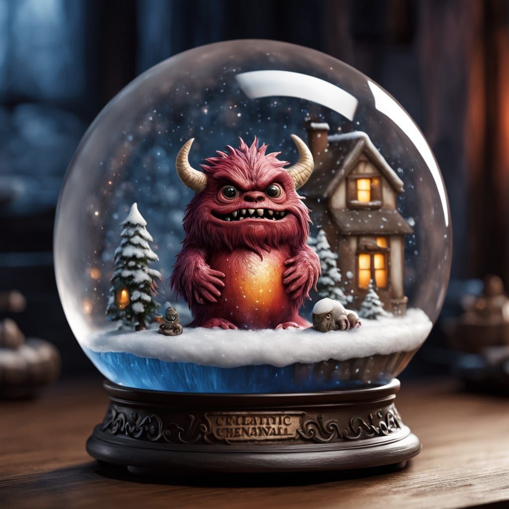 Menacing Snowglobe Monster Chibi Floats at Midnight