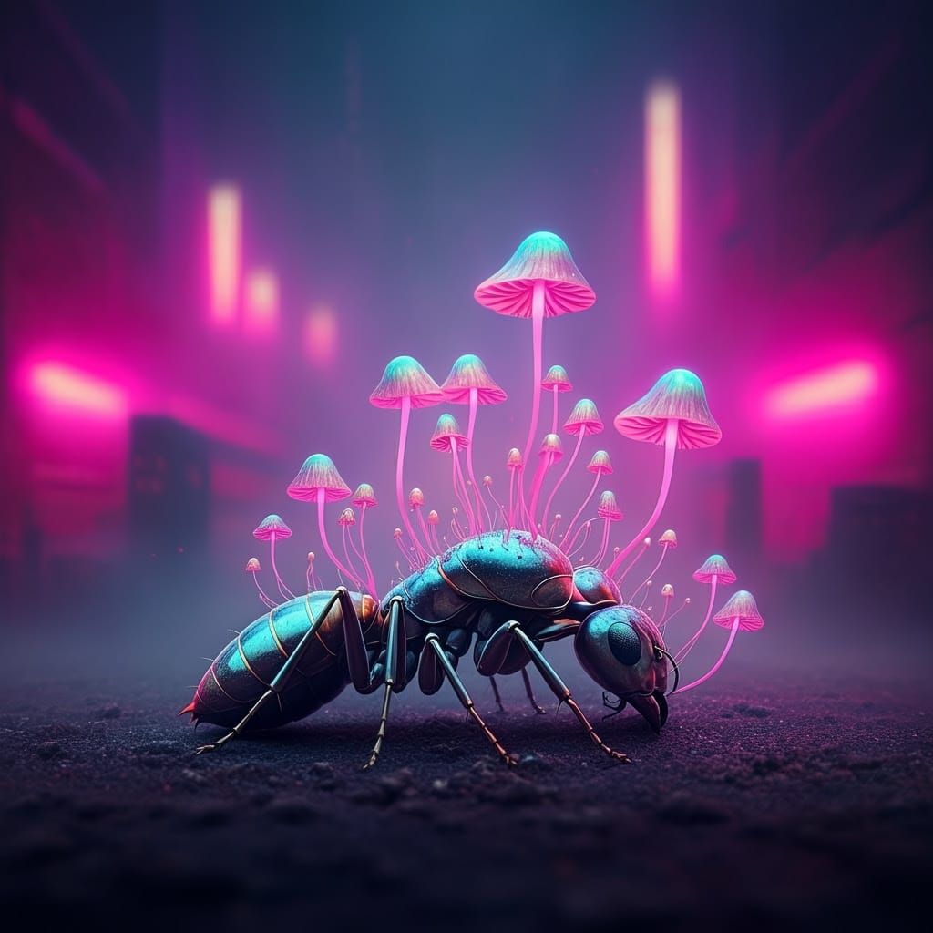 Glowing, Iridescent Mushrooms Emerge from Abandoned Robot in...