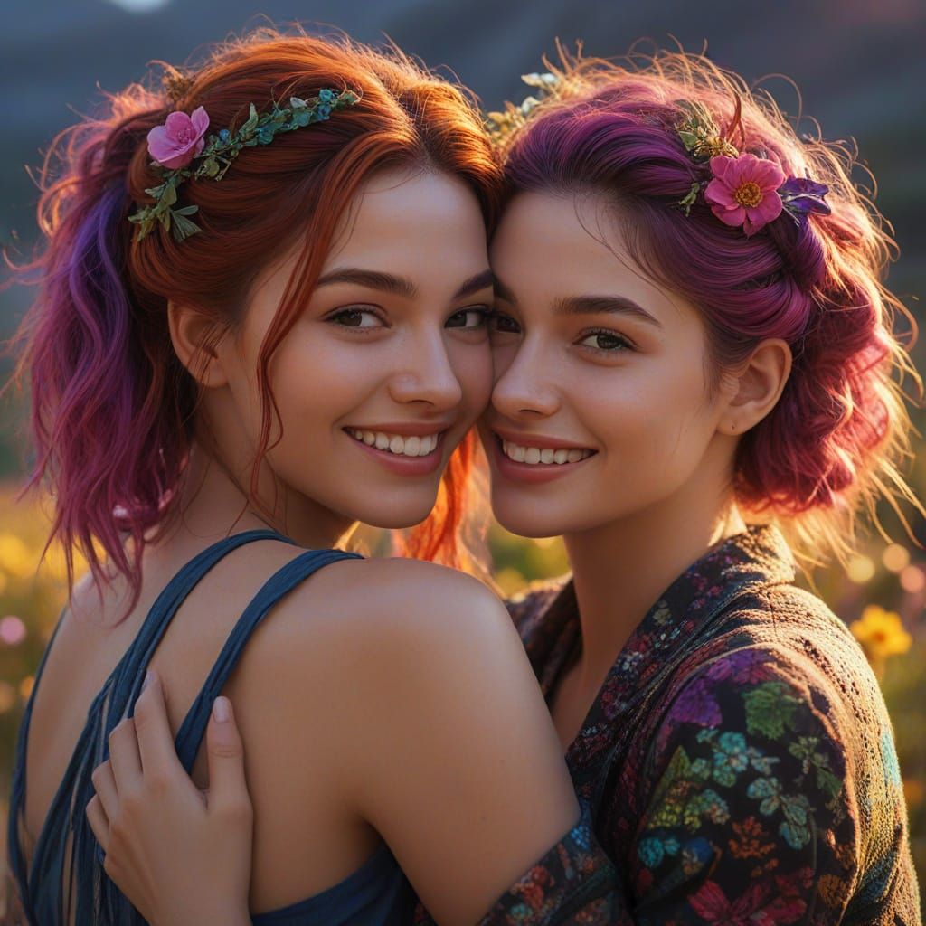 Fantasy Girlfriend Embrace in Vibrant Oil Painting