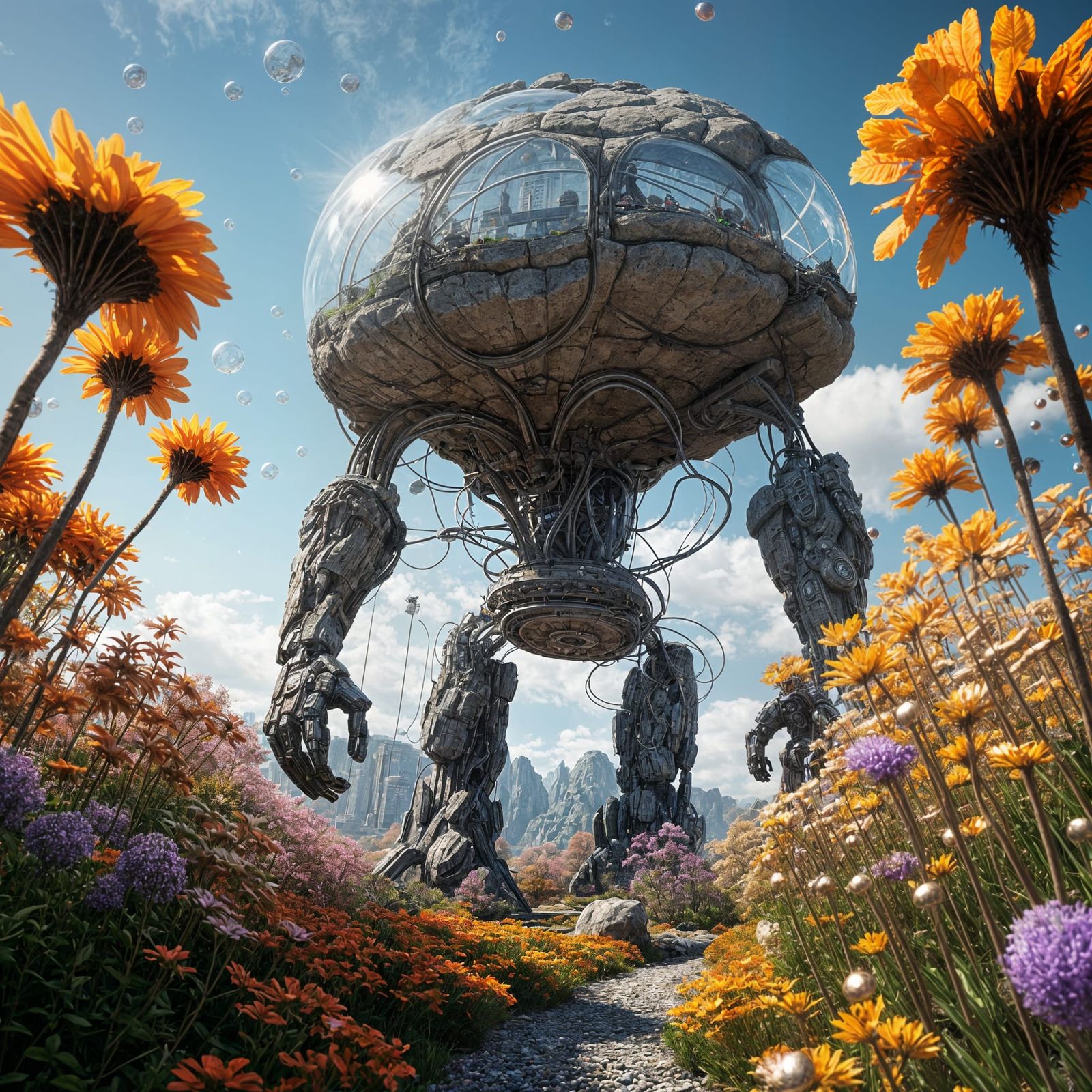 Futuristic Stone City in Bubbles