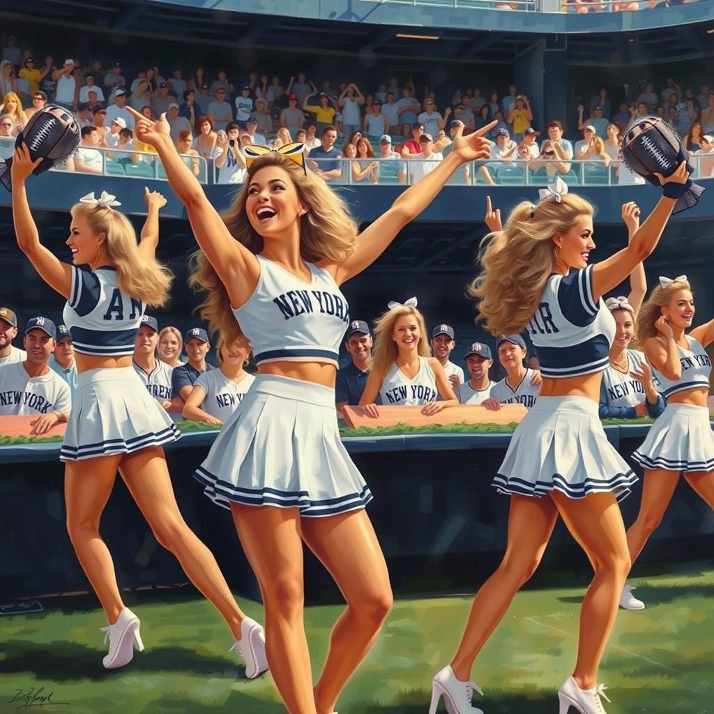 New York Yankee cheerleaders entertaining a baseball crowd in the Yankee Stadium