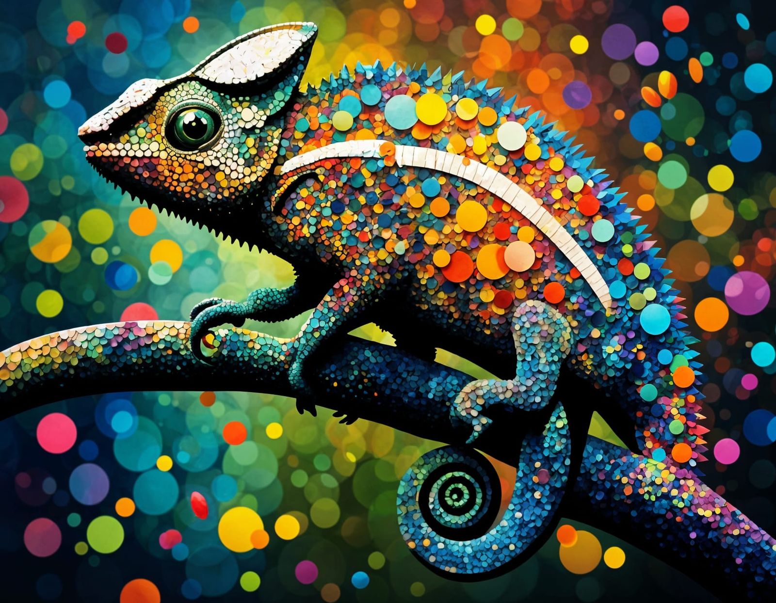 Confetti Chameleon in Pointillism Mosaic Style