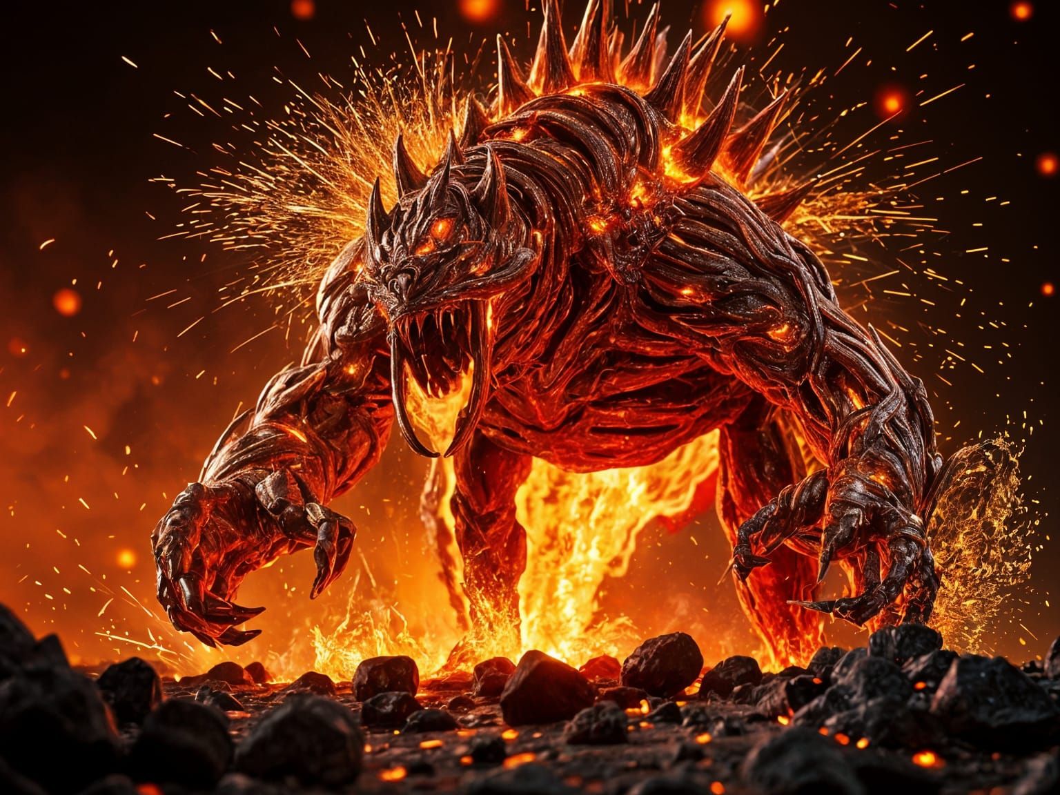 Molten Metal Monster with Fiery Sparks in 3D