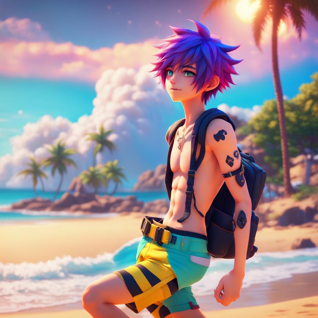 Emo Neko Boy on the Beach in Anime Pixar Style