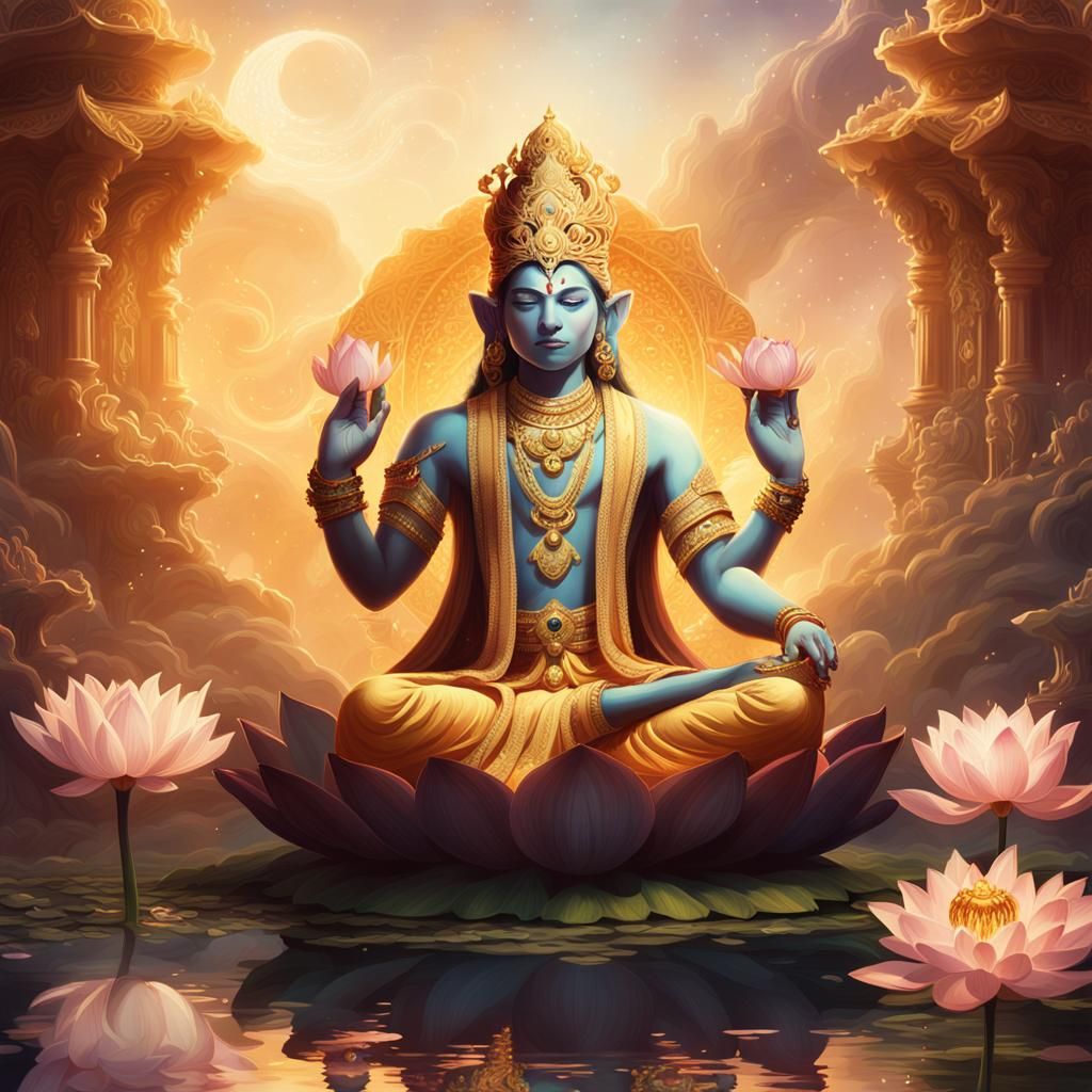 Brahma on Lotus Flower in Dreamlike Setting