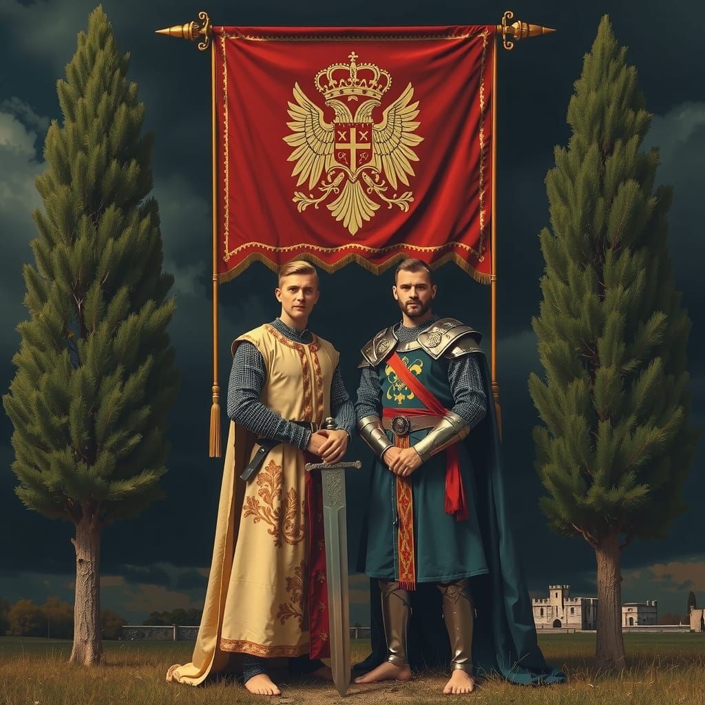 Pre-Raphaelite Knights Under Crimson Skies