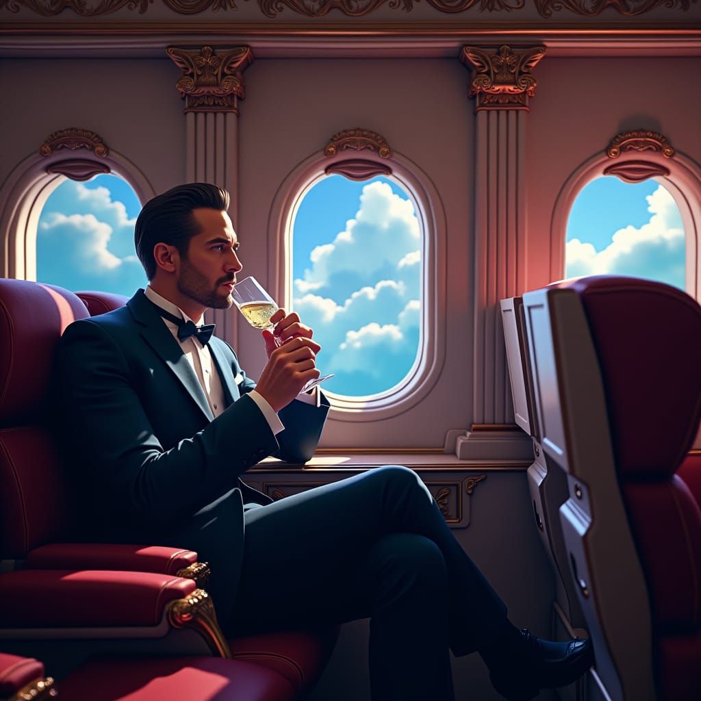 Opulent Airplane Scene in Baroque Sci-Fi Style