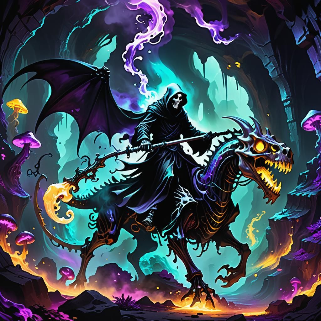 Grim Reaper Rides Dragon in Bioluminescent Cave