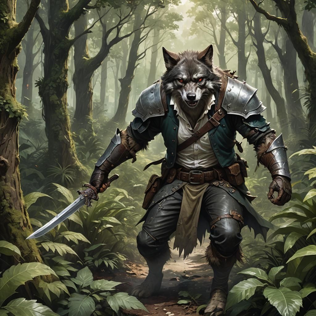 Wolf Man Rogue in Forest Ambush: DnD Illustration