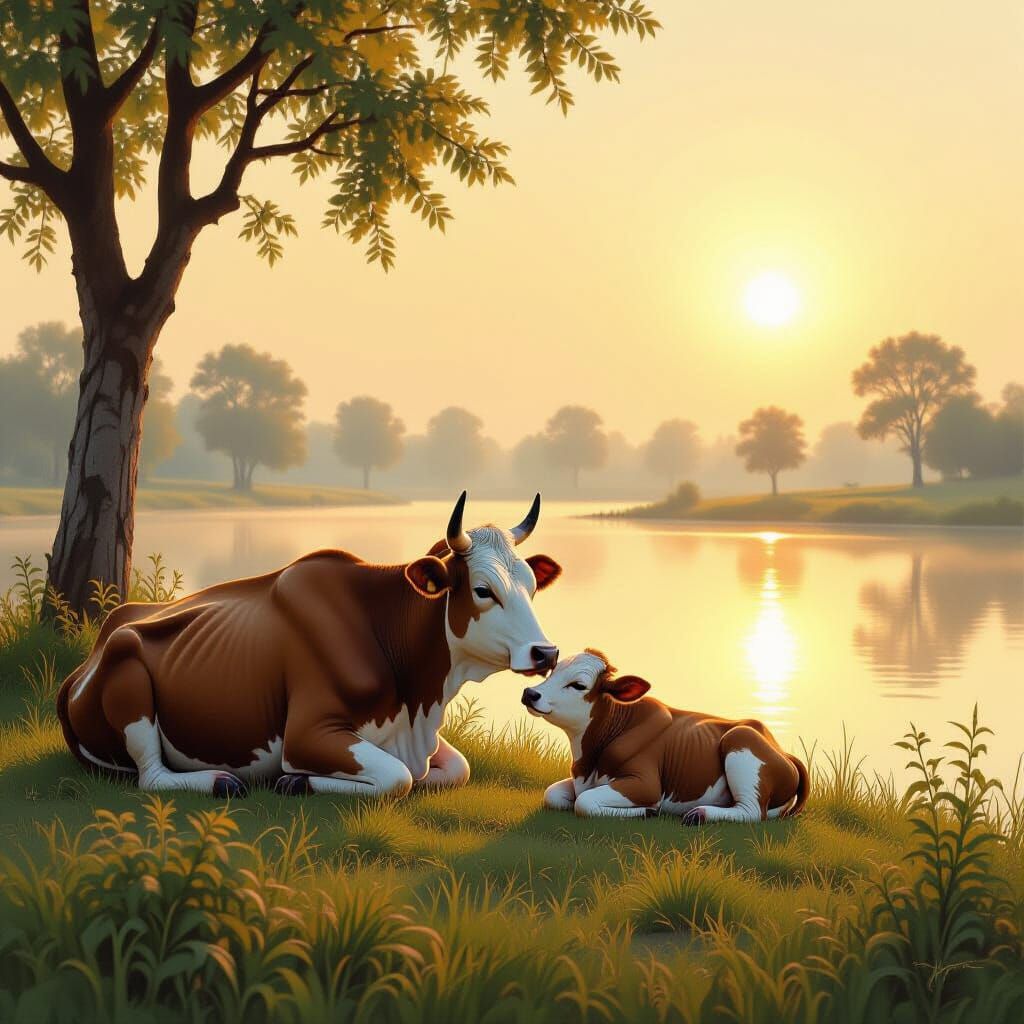 Indian Cow Nursing Calf in Serene Morning Landscape