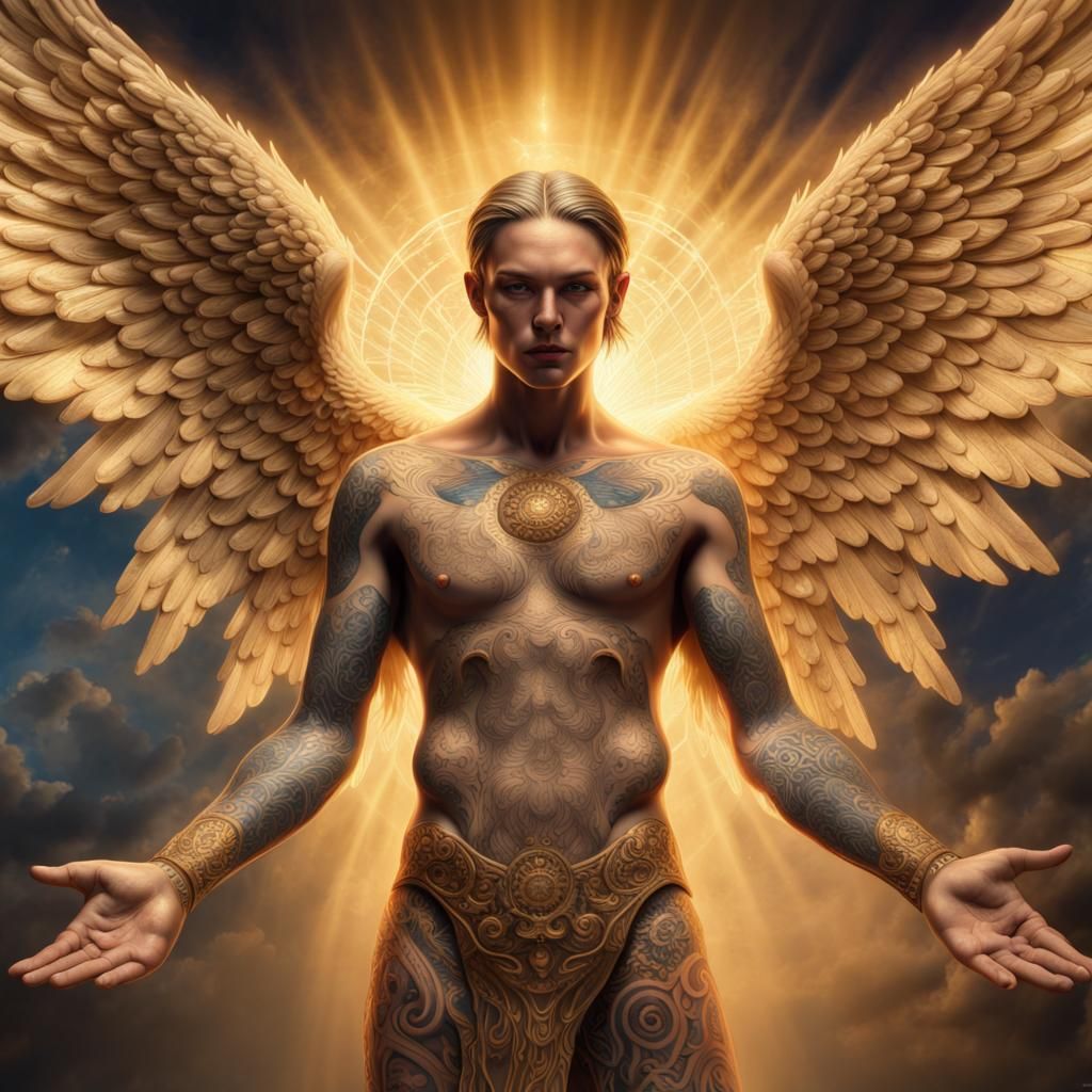 Tattooed Angel Descending in Golden Light