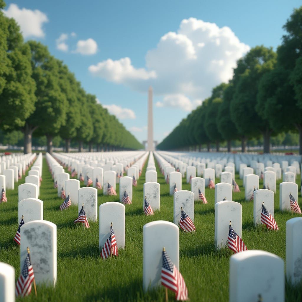 Arlington Cemetery Tombstones with Flags in Photorealistic S...
