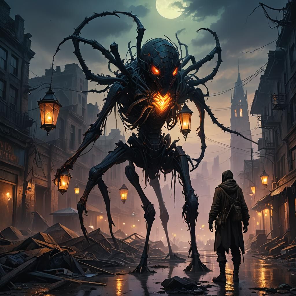 Arachnid Hybrid in Ruined City, Epic Fantasy Art