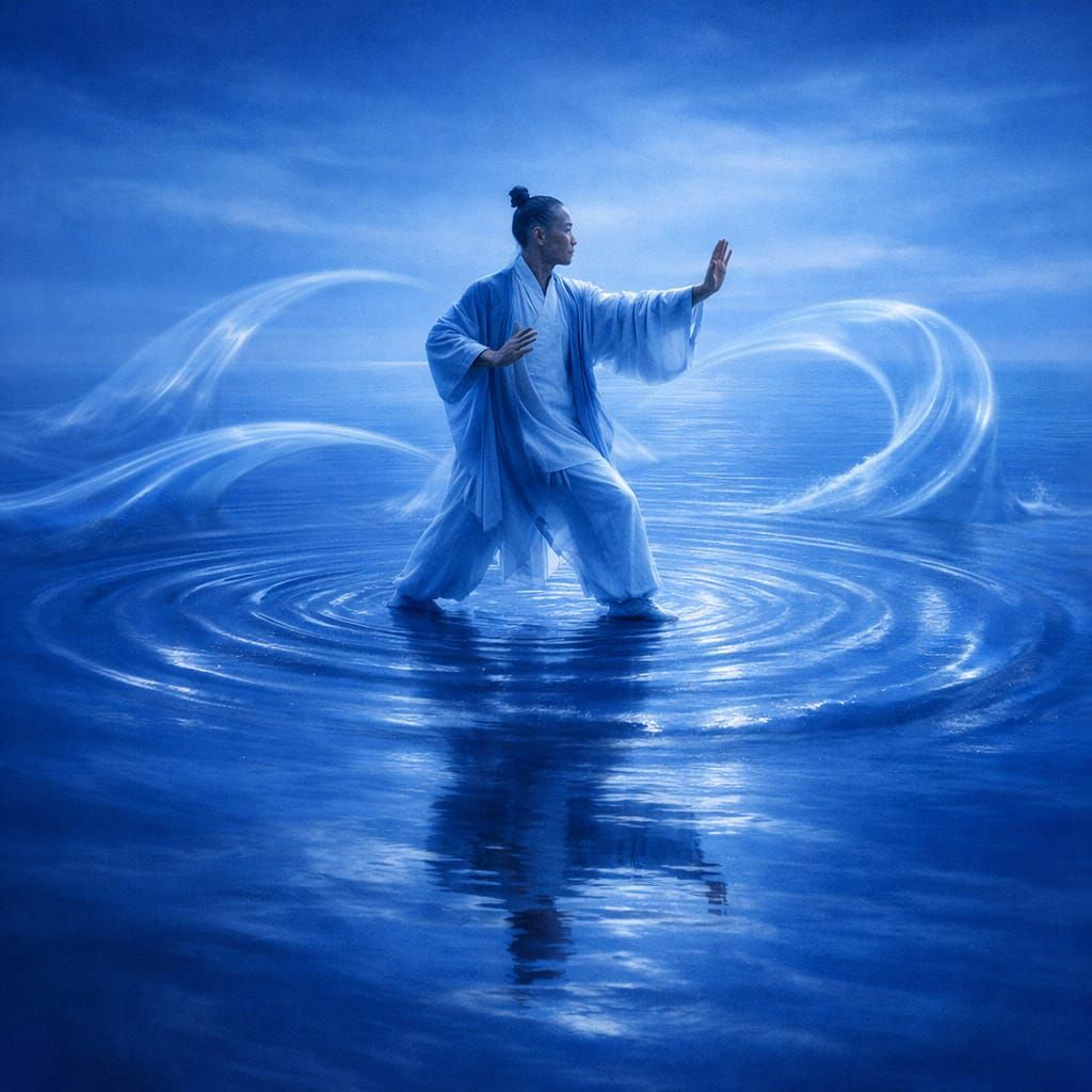Surreal Tai Chi Master on Calm Ocean Surface