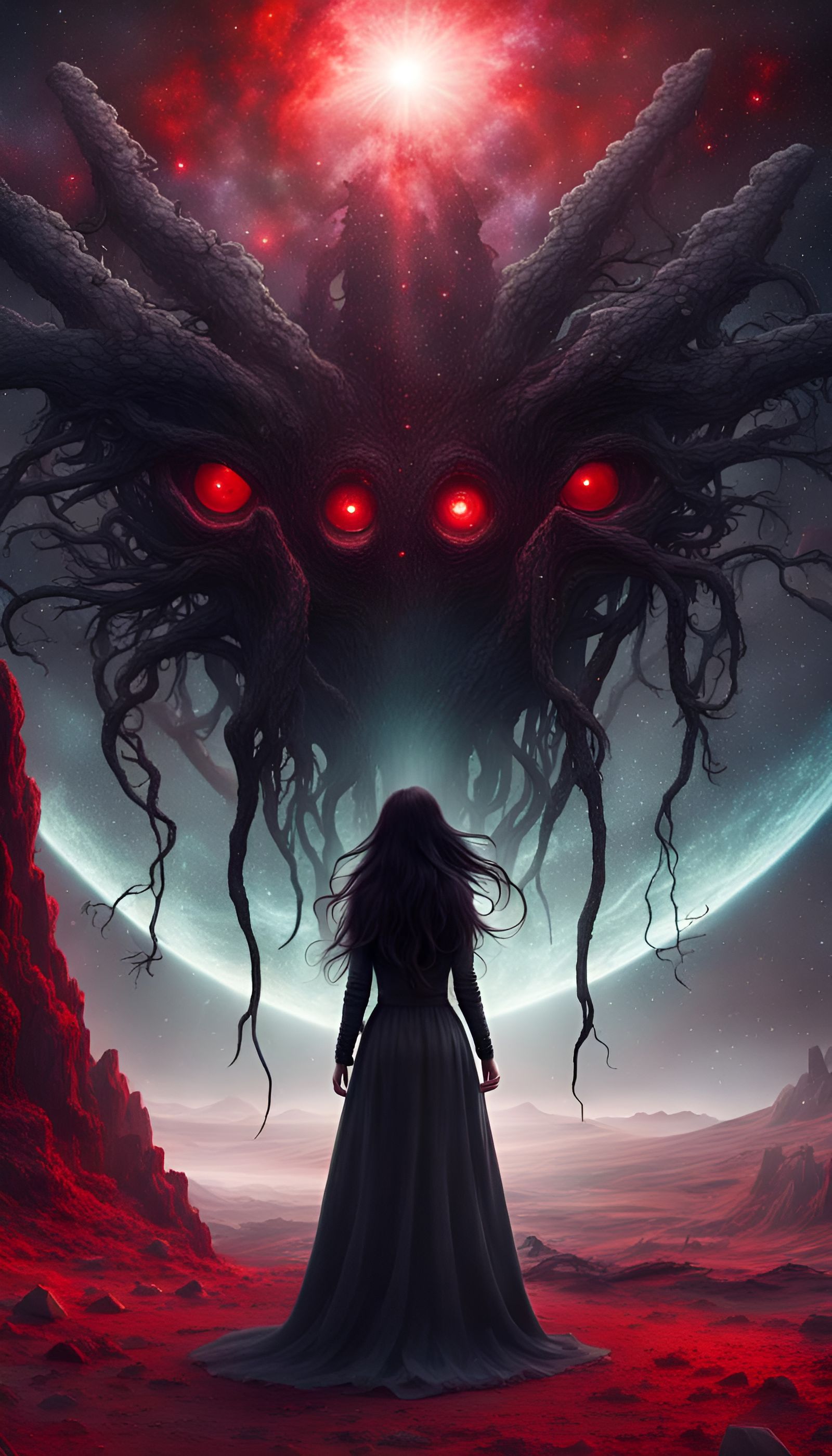 Mysterious Cosmic Girl on Alien Landscape