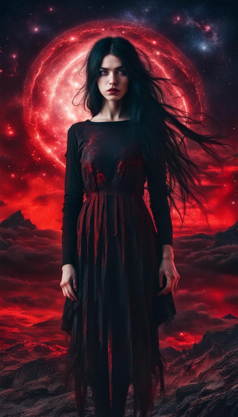 Enchanting Cosmic Girl with Red Eyes