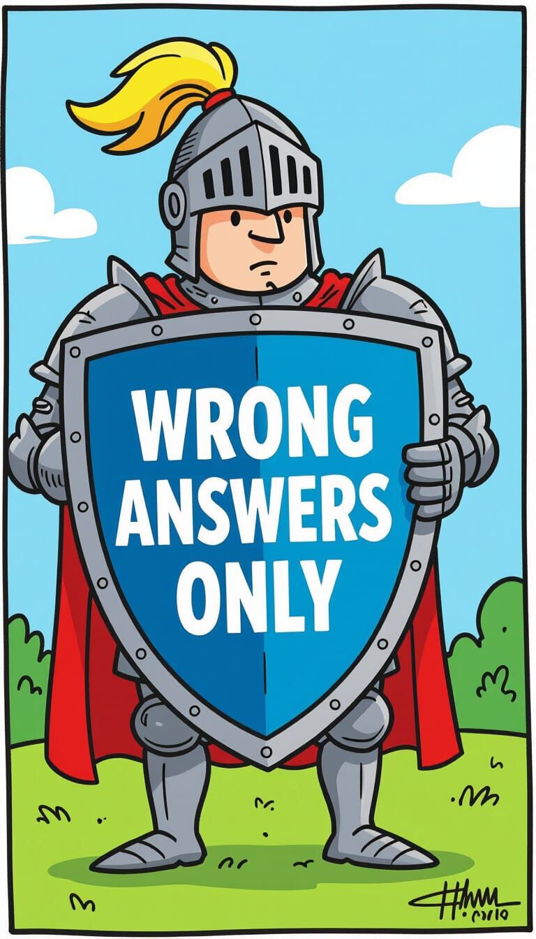 Cartoon Knight Shield Reads 'Wrong Answers Only'