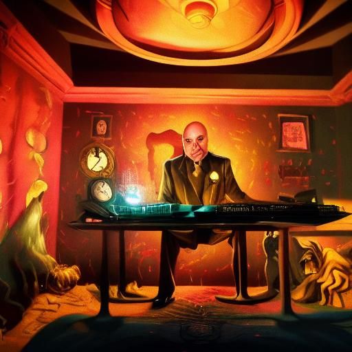 Dr. Evil in his luxurious dark lair surrounded by screens an...