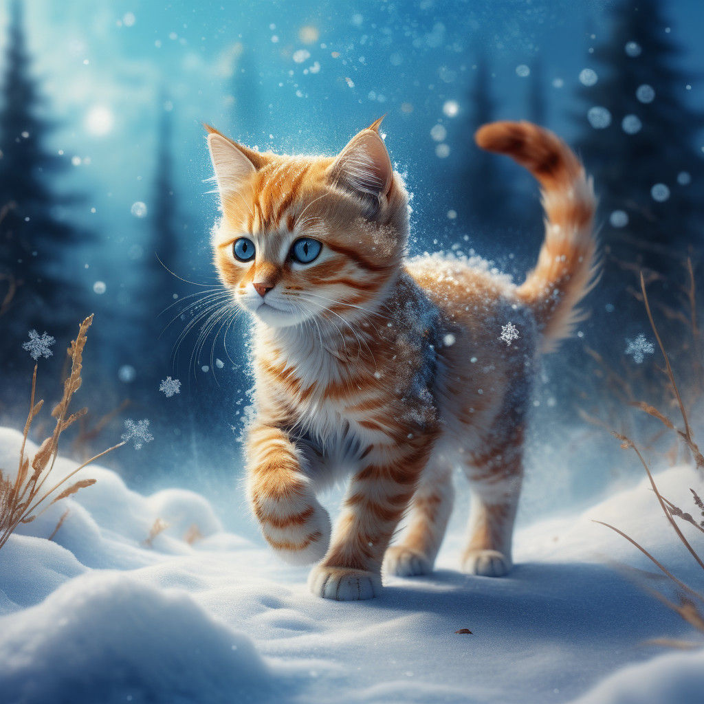 Whimsical Kitten in Sparkling Snow, Watercolor and Ink Style