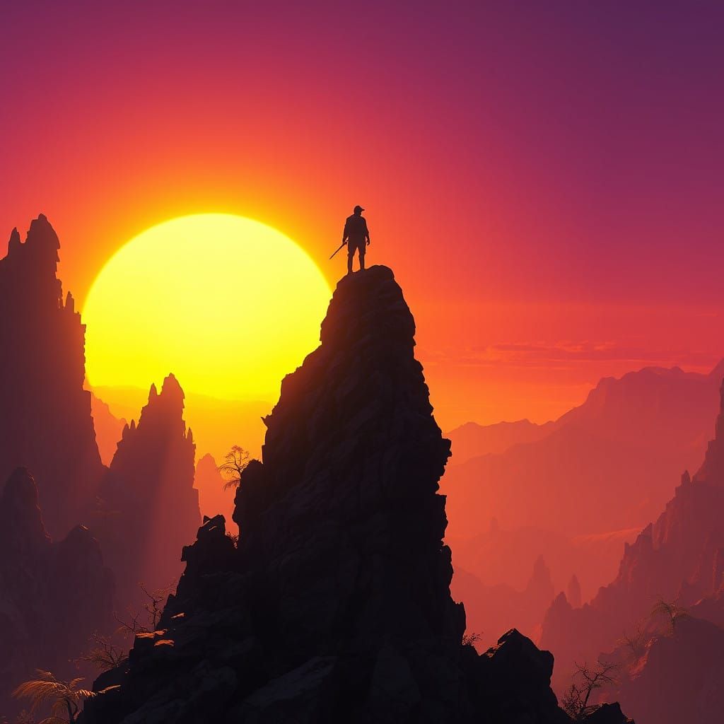 Silhouetted Figure Amidst a Vibrant Sunset