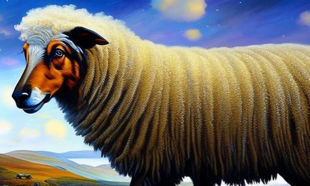 Shetland Sheepdog Herding Sheep in Scotland, Impressionistic...