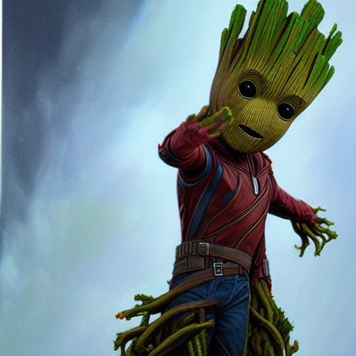 Groot Hugs Star-Lord: Oil Painting