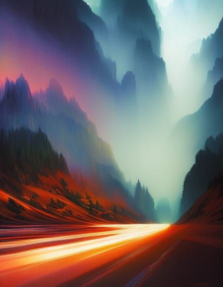 Surreal Twin Peaks Chromalithograph with Rainbow Colors