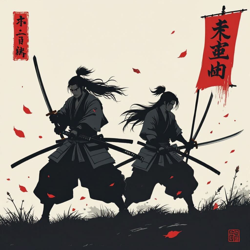 Gritty Samurai Combat in Ukiyo-e Style