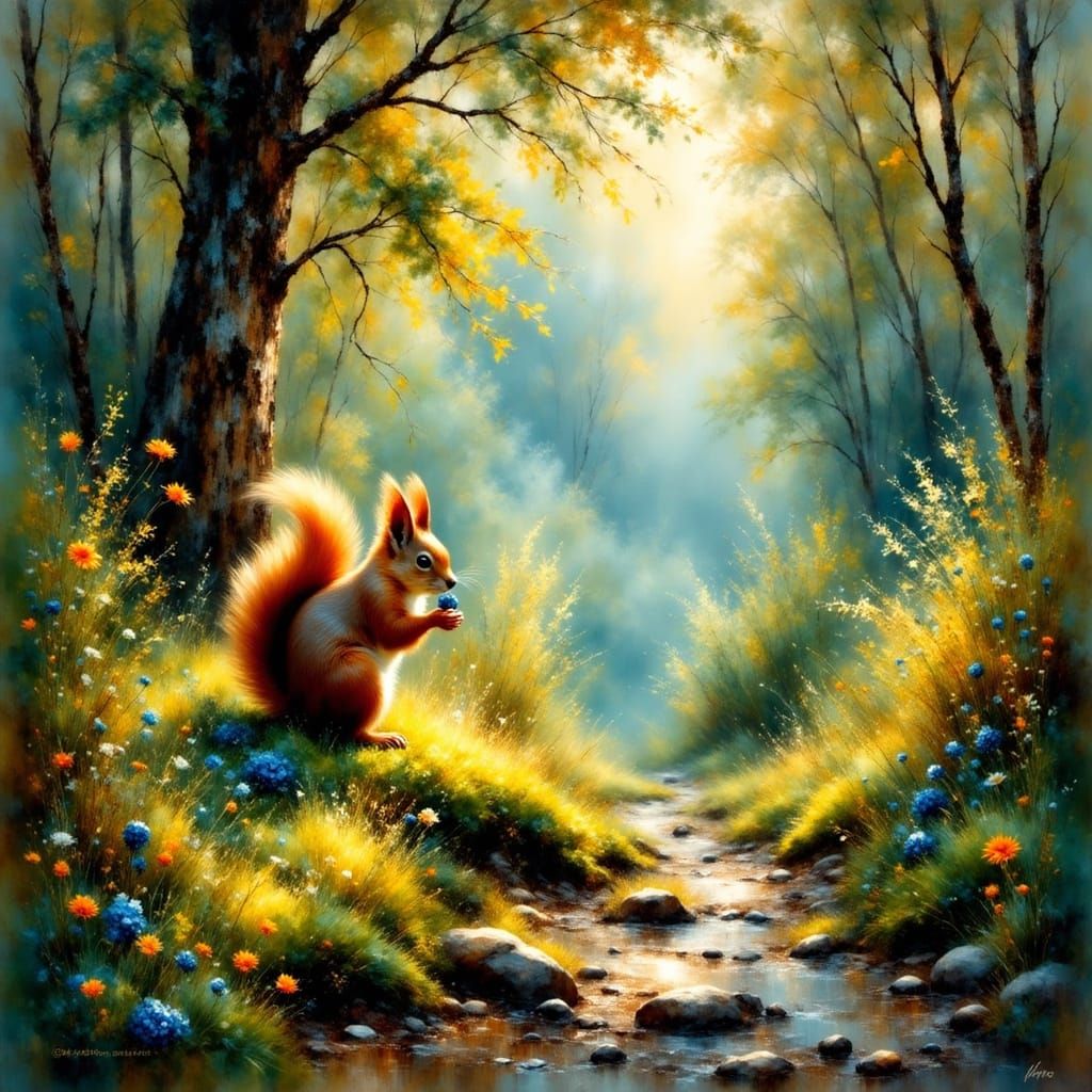 Squirrel's Dawn Snack: An Impressionistic Underwood Scene