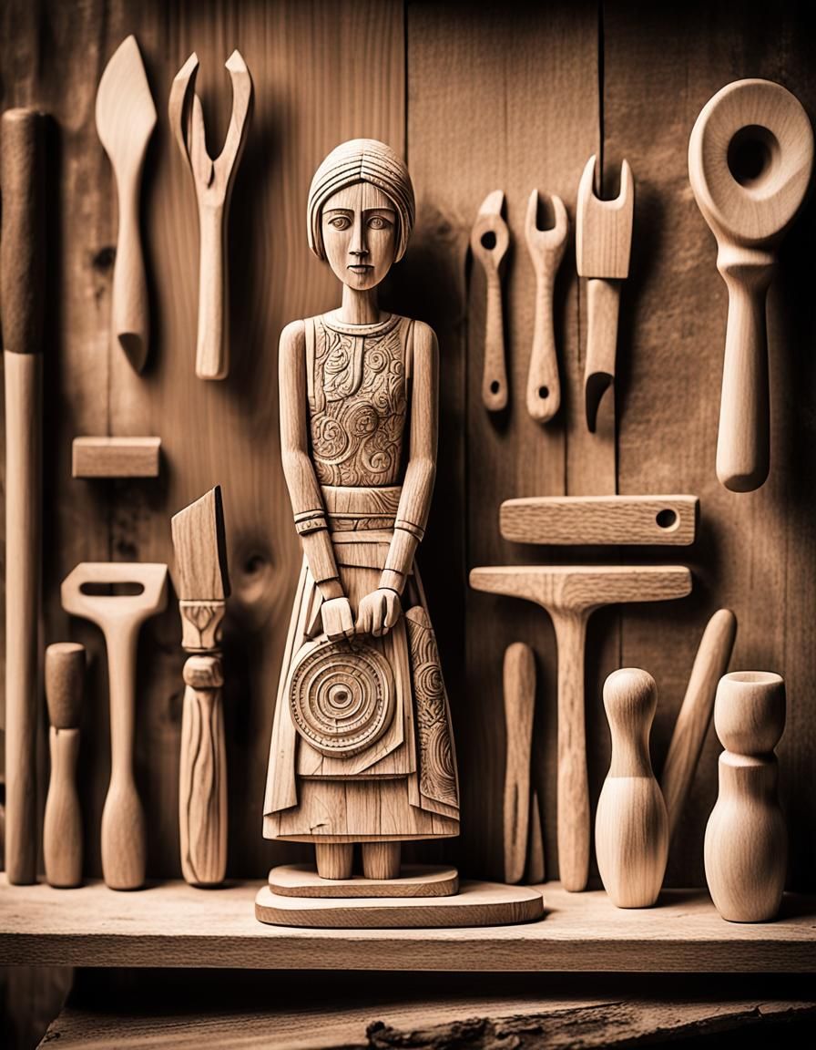 Monochrome Wood Carving: Unfinished Sculpture in Soft Light