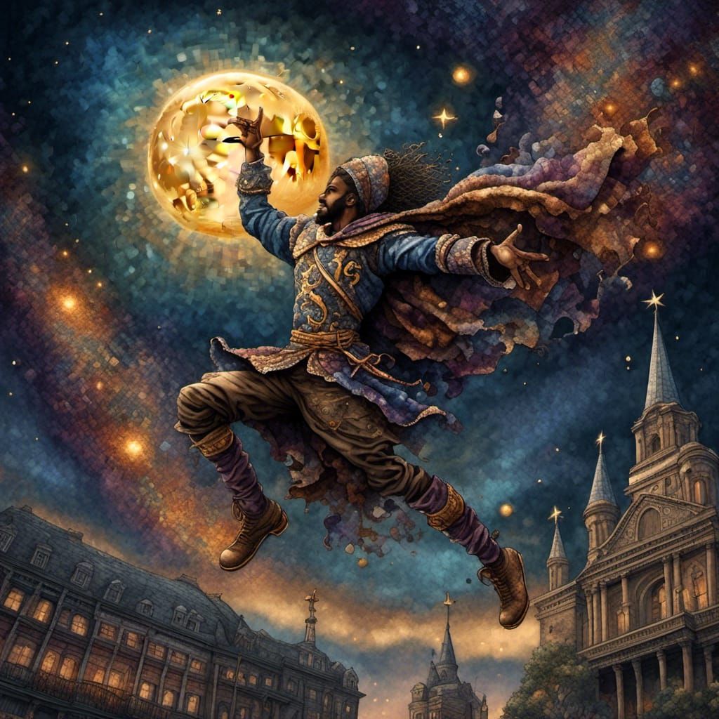 Football Player Touches Moon in Starry Night