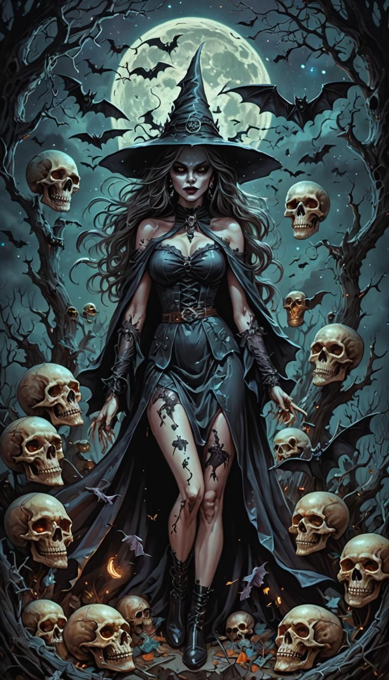Cosmic Witch Pinup with Graves and Skulls