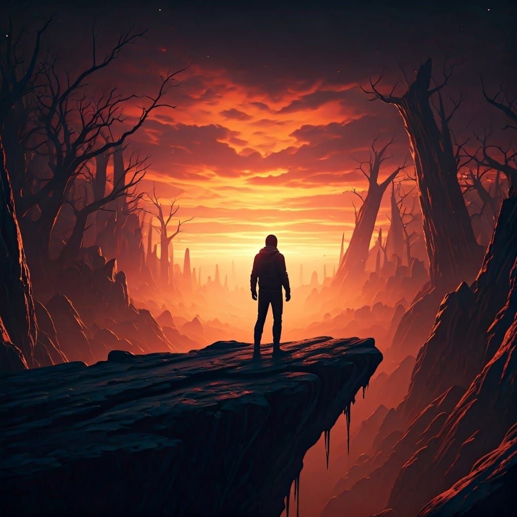 Distressed Figure at World's Edge in Haunting Style