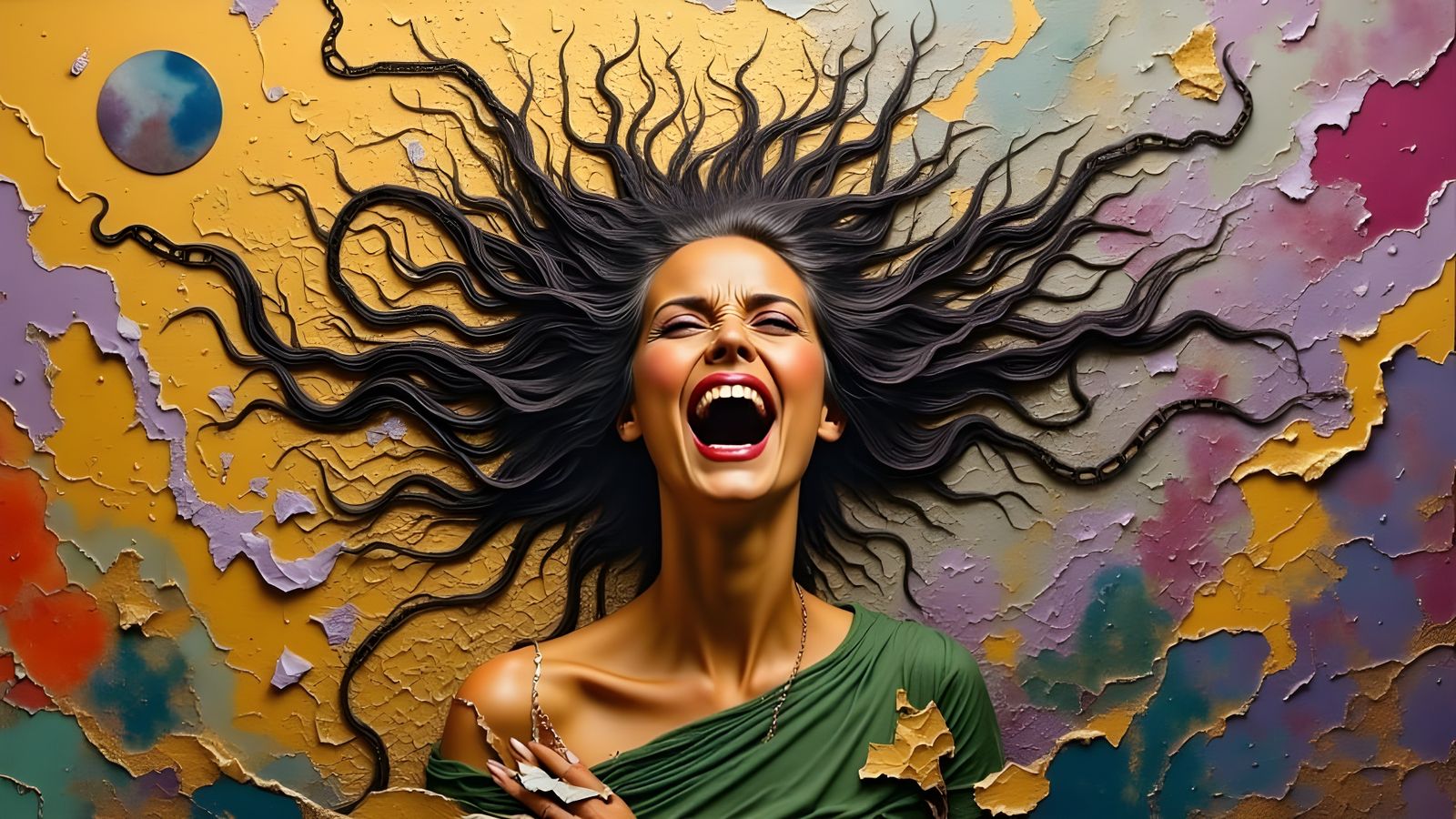 Eccentric Woman Breaks Free in Vibrant, Mixed Media Art